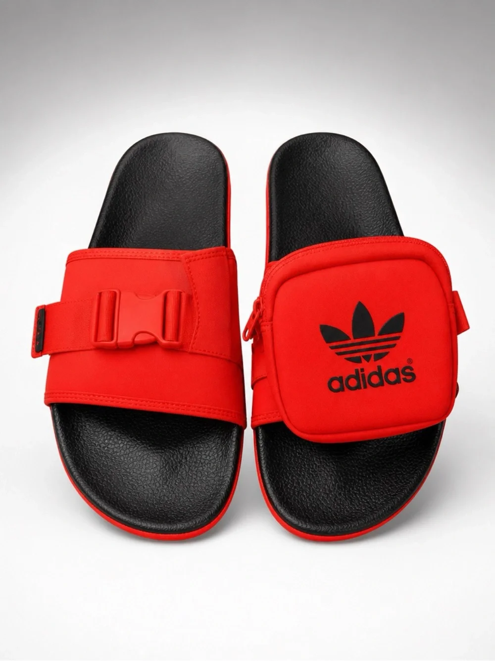 adidas Red Slide Sandals with Black Footbed and Zip Pouch - Picture 1 of 7
